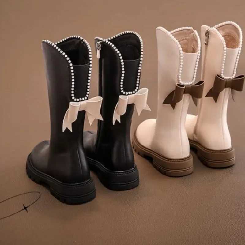 Long Boots for Girls and Children 2024 New Winter Long Leather Boots Princess Foreign Girls Plus Cashmere ShoesXJ241206