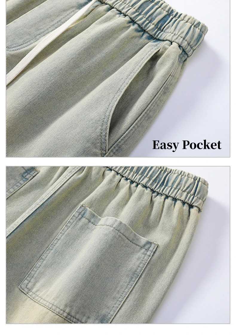 American Style Multi-Pocket Workwear Denim Shorts Mens Elasticated Drawstring Waist Loose Straight Leg Five PantsXJ241206