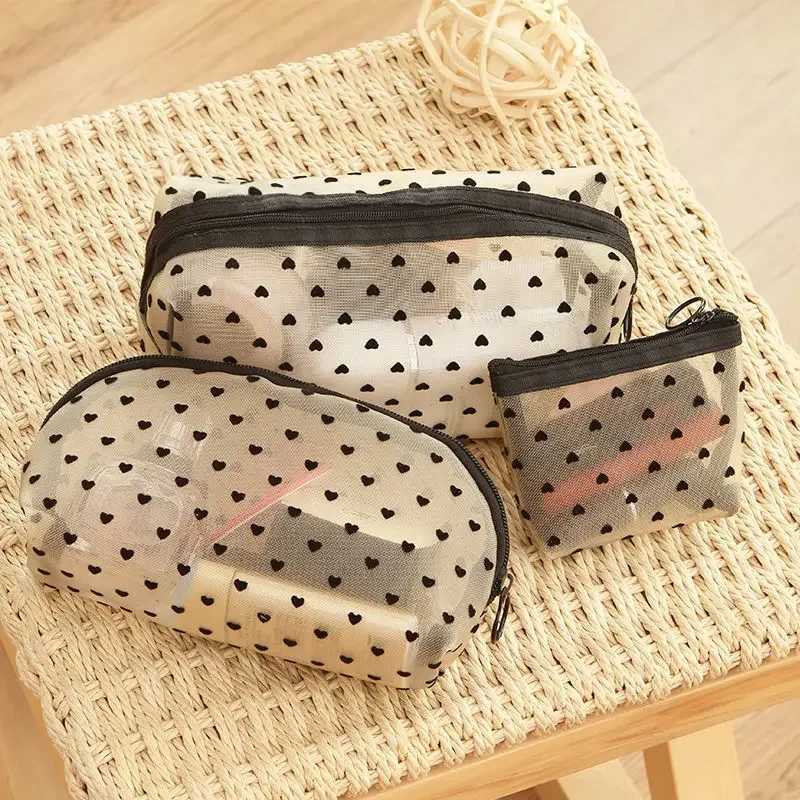 1PC Heart Women Men Necessary Cosmetic Bag Transparent Travel Organizer Fi Small Large Mesh Toiletry Bags Makeup PouchXJ241206