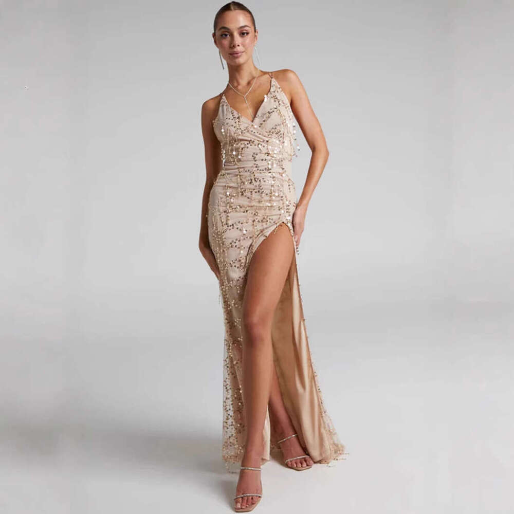 European and American solid color sequin suspender tail party long tassel dress 2024 new casual fashion trend clothing