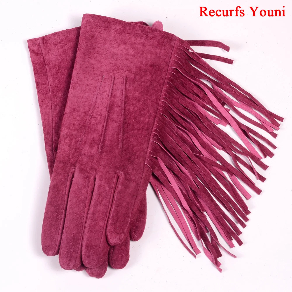 Winter Womens Genuine Leather Pig Skin Suede Tassel Short Gloves Womens Drone Nubak Warm Velvet Punk Show Purple Classic Luvas 241206