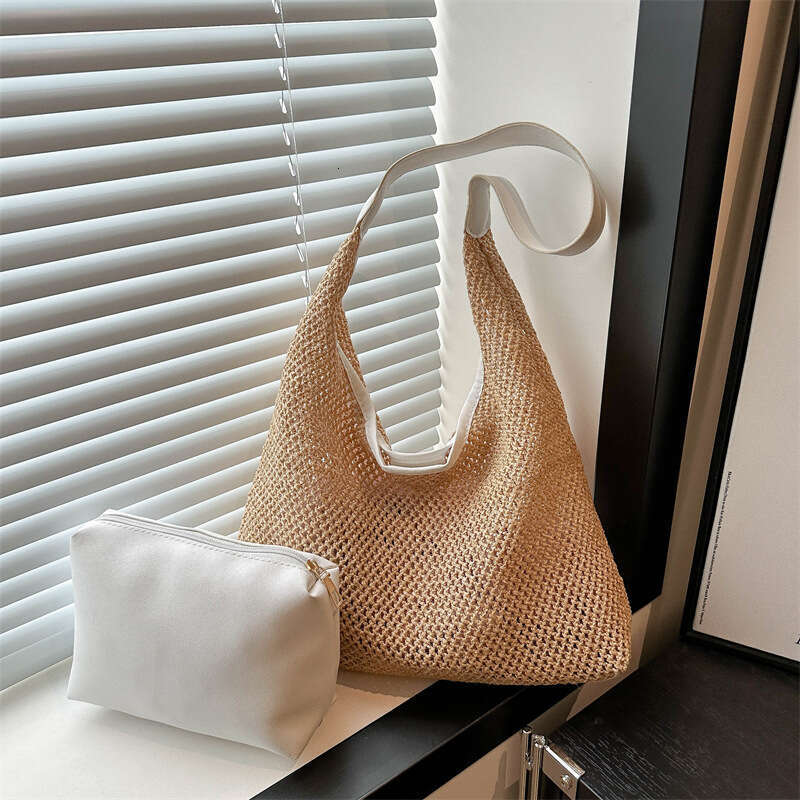 Vintage Tote Straw Woven Large Capacity Underarm Single Shoulder Women's Vacation Style Beach Mother Bag, Fashionable Quality, Classic B4