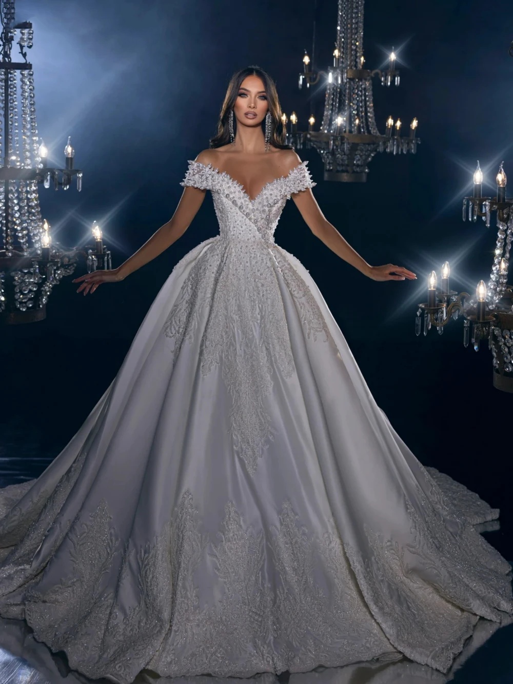 ful Off The Shoulder Bridal Dress Sequins Pearls Wedding Satin Ball Gown Bride Robe Vestido De Novia