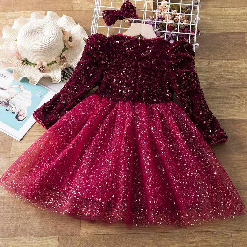 Girls Sequins Dress Spring Autumn Princess Gown Children Wedding Birthday Par Tulle Vestidos New Kids Fashion Clothing 3-8YXJ241206