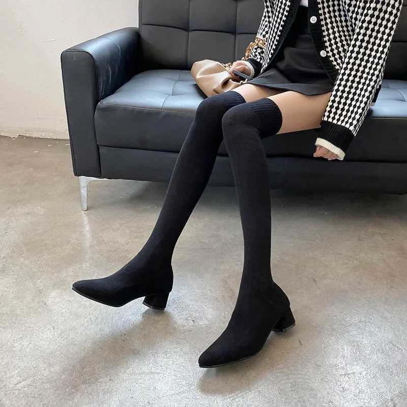 High Quality Fi Thick High Boots Elastic Fabric Socks Boots Warm Point Toe High H Shoes Autumn Winter Sexy Over the Knee Boots T241206