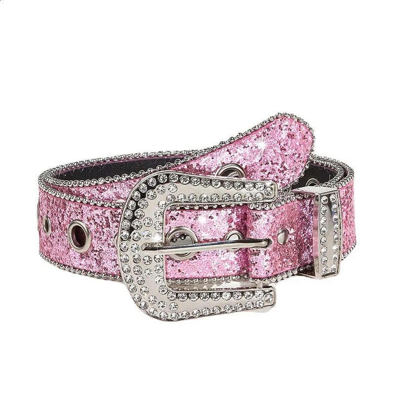 Fashion Sequin Pink Rhinestone Belt for Women Y2K Pin Buckle Waist Strap Female Jeans Trouser Decor Waistband 241205