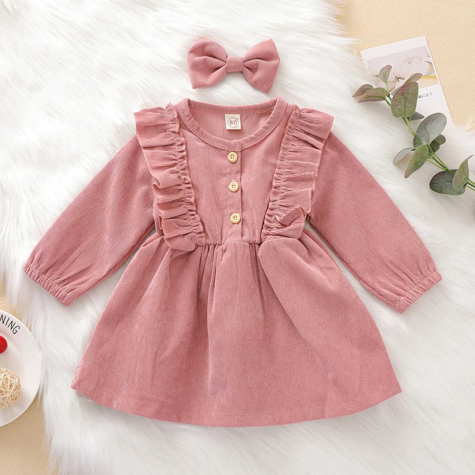 0-5Y Kids Girls Casual Corduroy Dress Baby Fall Winter Clothing Long Sleeve Ruffle A-line Princess Dress Headband OutfitsXJ241206