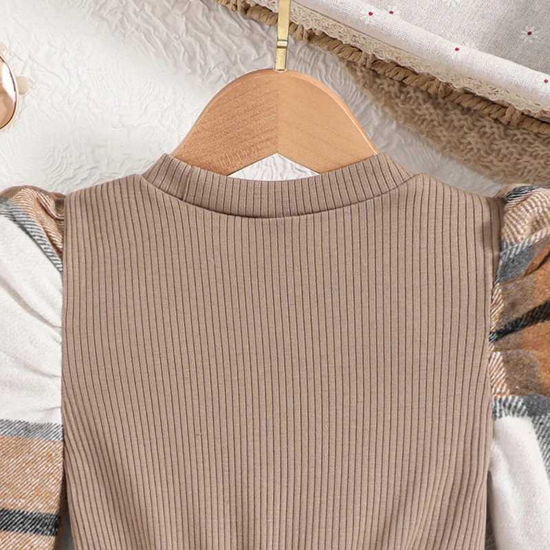 Kids Dresses for Girls Khaki Knitted Patchwork Plaid Long-Sleeved Dress New Autumn Winter Fashion Princess Casual Kids DressesXJ241206