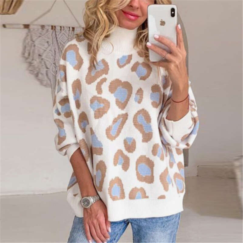 European American college style semi high neck leopard print pullover sweater autumn and winter long sleeved temperament wool top for women 2024 new c