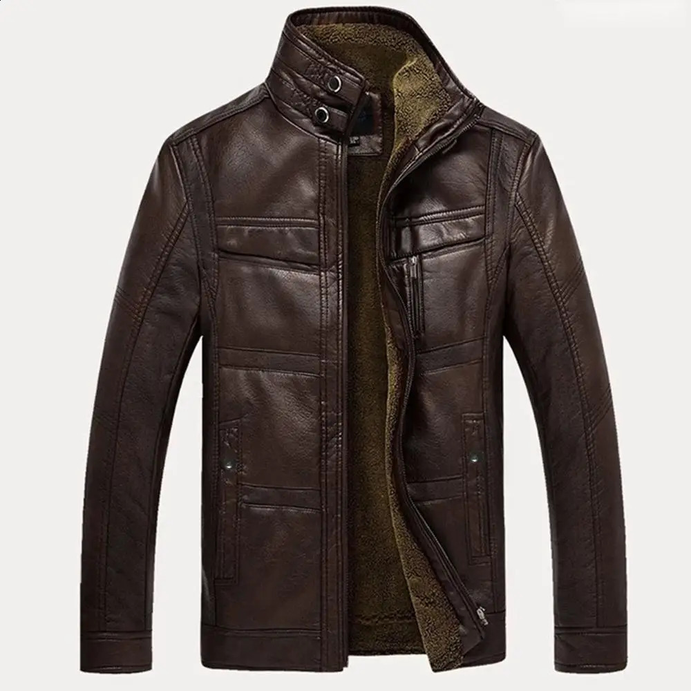 Brown Leather Jacket Thicken Fleece Lined Men Stand Collar Slim Motorcycle PU Biker Mens Clothing 241202