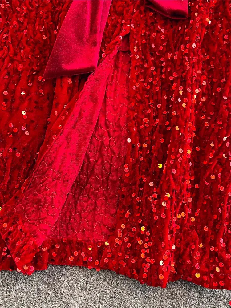 Autumn womens black/red sequined velvet party Midi dress retro V-neck long sleeved slim Vestidos elegant fashion robe 241206