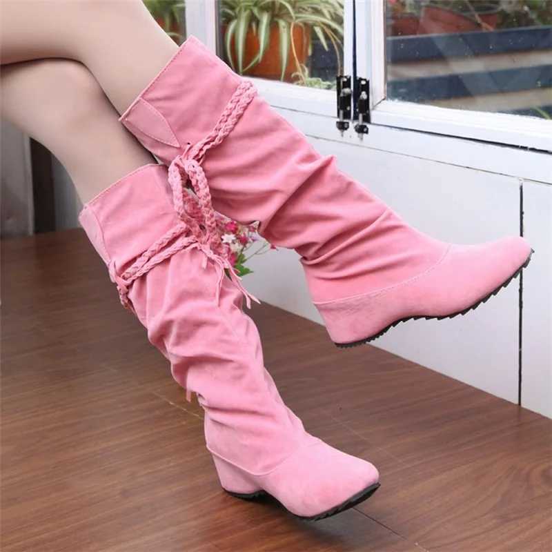 High Quality Warm Knee High Heels Lace Wedge Warm Shoes Artificial Suede Leather Warm Winter Boots Sexy Top Lg Shoes T241206