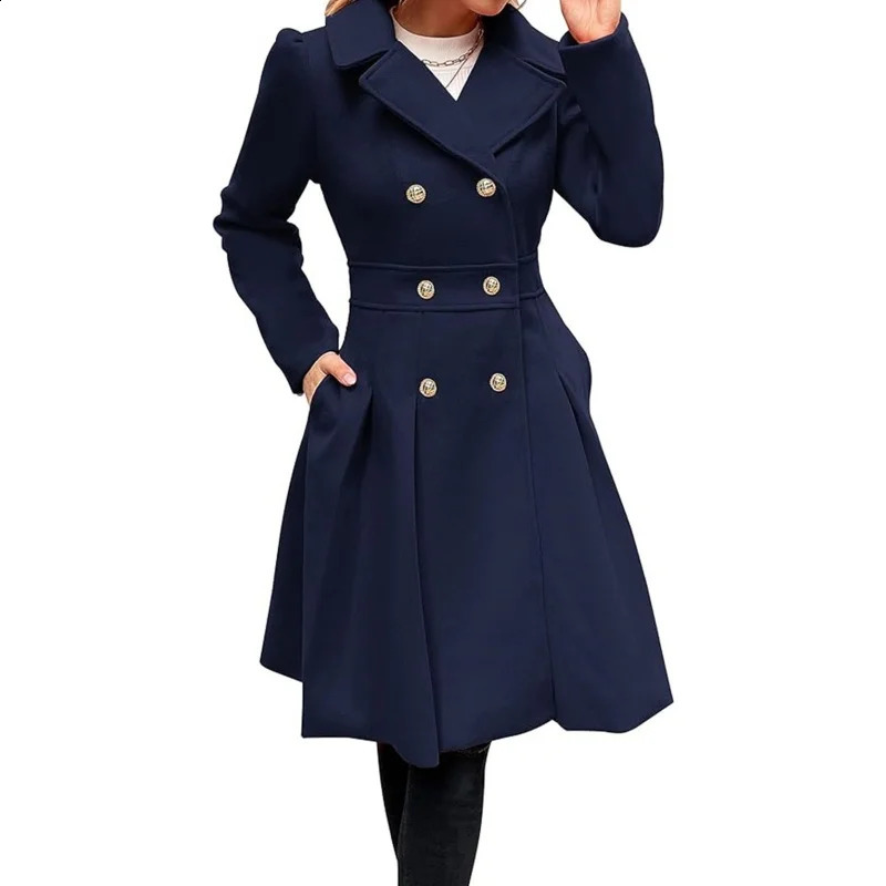 Womens Autumn Coat Wool Blend Solid Lined Coats Outerwears Female Jackets Double Breasted Lapel Xlength Overcoat 241205