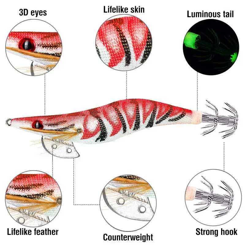 Glow-in-the-dark Squid Big-eye Wood Shrimp Bait Squid Cuttfish Hook Fishing 8/10/12cm Doub Parachute Hook Casting Bait GearXJ241128
