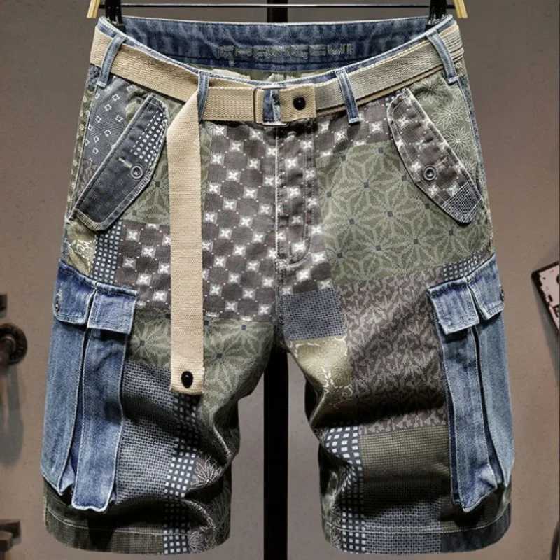 Graphic Man Denim Shorts Multi Color Short Jeans Pants for Men Cargo Bermuda with Text Stretch Jorts Thin Blue Korean Fashion XlXJ241206