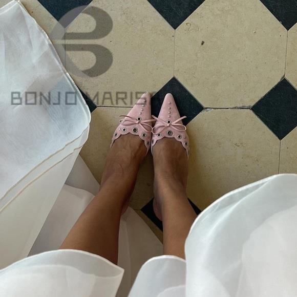 Bonjoma Pointed Toe Mules For Women Bowknot Elegant Heels Spring Fashion Stiletto Ck Sandal Slip On Comfortable Shoes