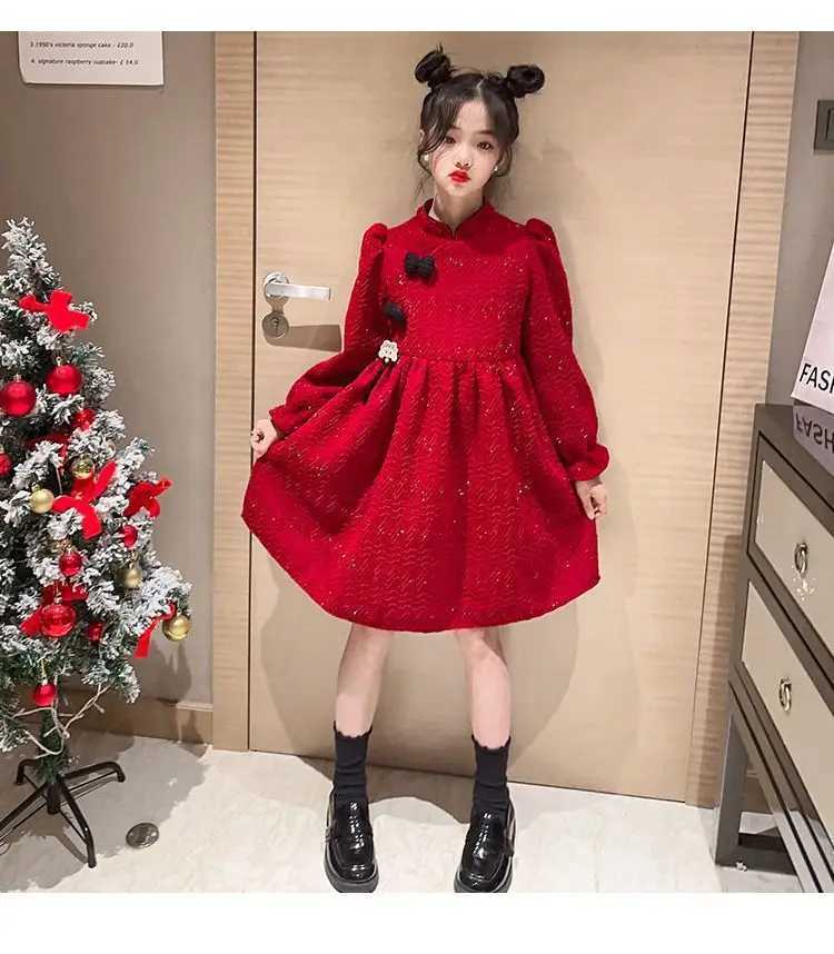 2024 autumn winter Kids Girls solid retro red Cheongsam Qipao Princess Teens New Year Dresses wool velvet Clothes 8 10 12 yearXJ241206