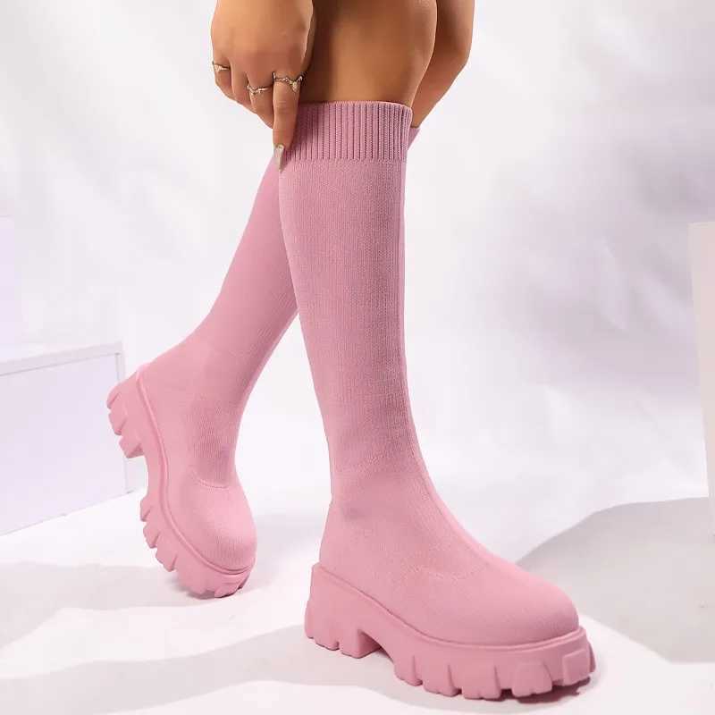 High Quality 43 thick soled knitted Lg boots suitable for Wenfei elastic socks shoes knee boots round toes low H Botas De Mujer T241206