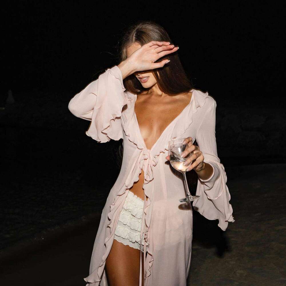 European and American autumn long sleeved lace cardigan beach bikini sunscreen cover skirt wholesale 2024 new style temperament chic elegant clothing