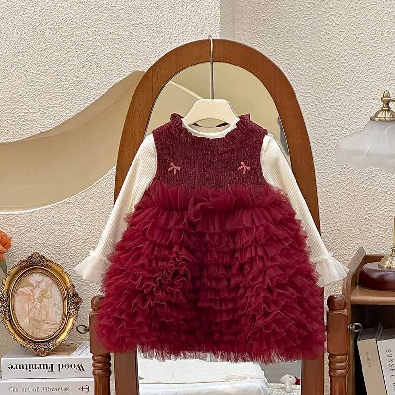 2024 Autumn Winter Kids Girls Princess Dress Set Solid Knitted Shirts Plus Velvet Mesh Tutu Dress Suit Children Girl OutfitXJ241206