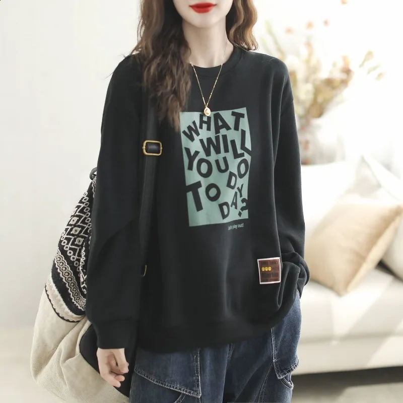 Womens Solid Round Neck Cotton Autumn and Winter Korean Loose Printed Letter Long Sleeve Pullover Hoodies All Match Tops 241203