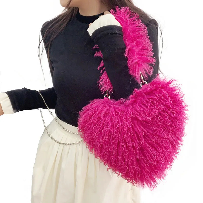 Faux Natural Fur-Ever Mongolian Furry Fur Heart Shape Oversized Tote Bags For Women Handbags With Long Shoulder Fur Straps 241206