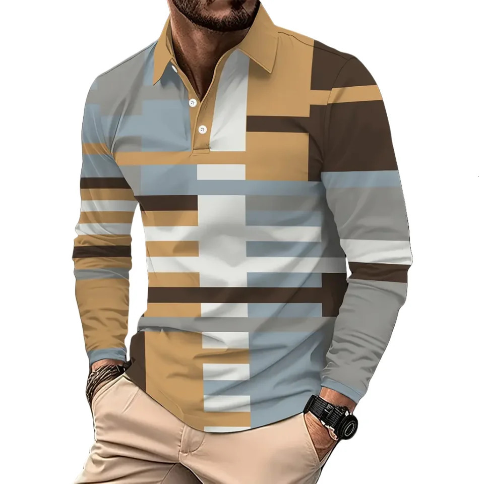 Vintage Stripe Print Mens Polo Shirts Fashion Lapel Golf Wear Mens T-Shirt Tops Street Sports Long Sleeve T Shirt Men Clothes 241206