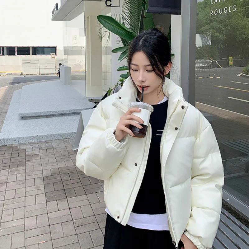 Womens down jacket brown winter Korean fashion Y2K style stand up collar black warm womens jacket cotton jacket 241202