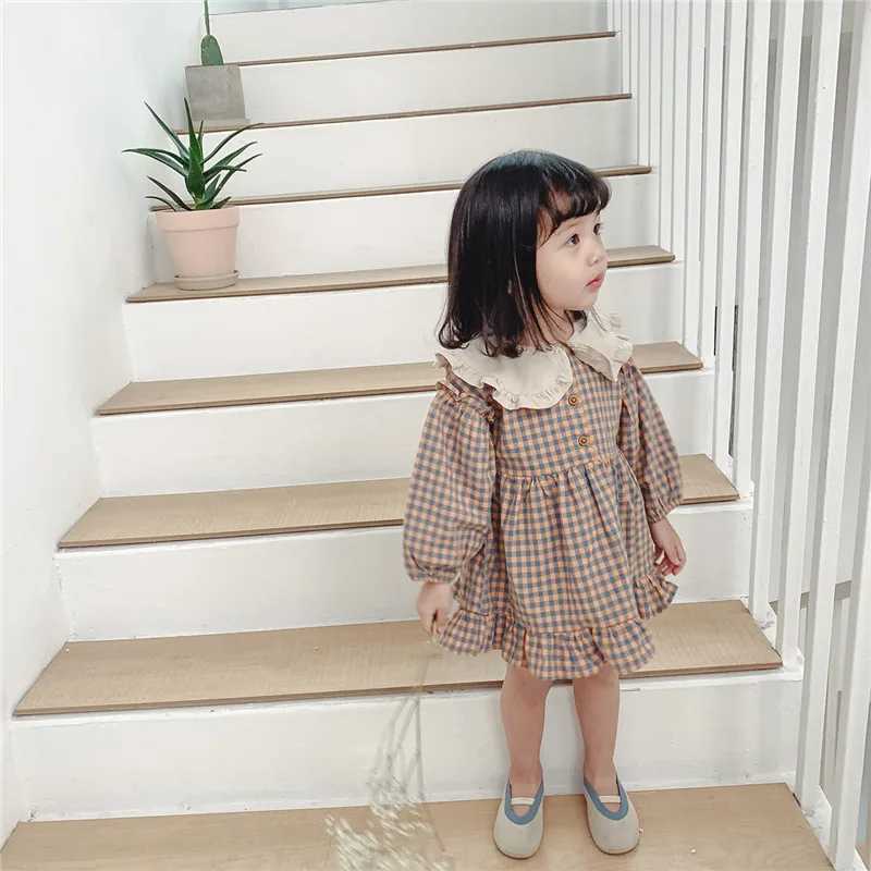Spring Summer Girls Clothing Cute Children Dresses Kids Baby Girl Plaid Cotton Linen Lapel Collar Dress Long Sleeve SkirtXJ241206