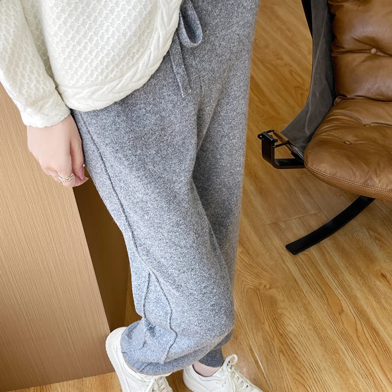 100% Womens Merino Wool Knitted Autumn/Winter Pants Solid Color Elastic Waist Fashion Casual Wool Long Legs 241202