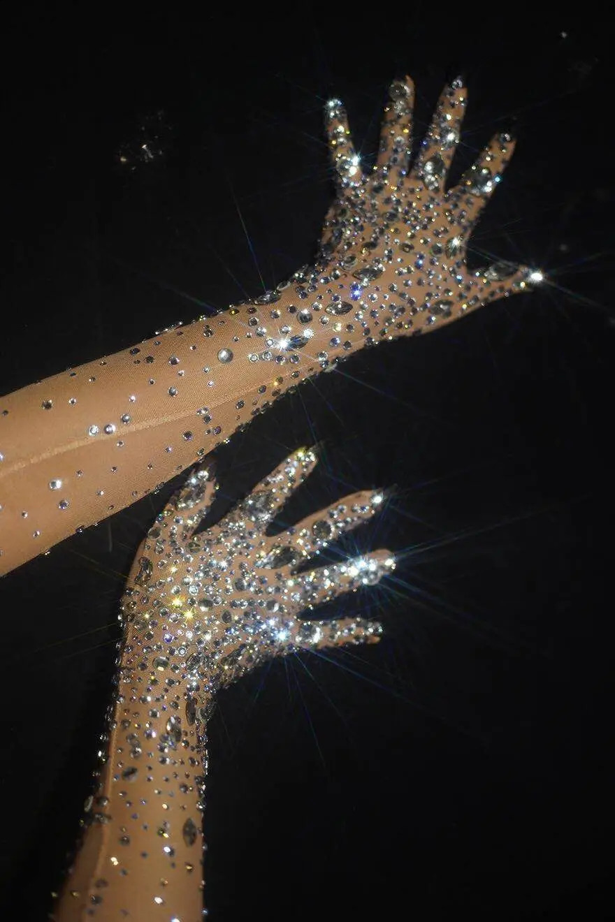 Stretch Rhinestone Gloves Women Sparkling Crystal Mesh Long Perspective Gloves Dancer Singer Stage Wear Accessories 250408