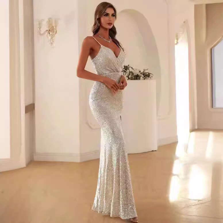 2025 spring and summer banquet design sense suspender sequin deep V evening women's fishtail dress 2024 new casual fashion trend clothing