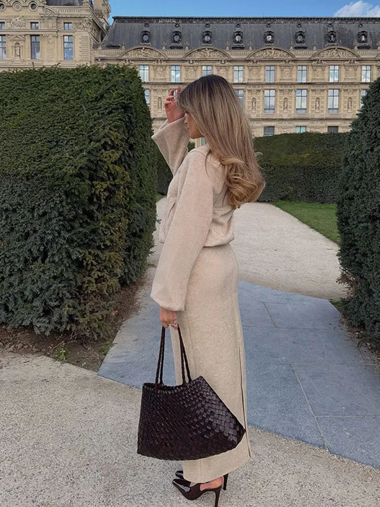 Women Fashion O Neck Zipper Woolen Cardigan Set Casual Solid Full Sleeves Long Skirt Suit Autumn Winter Female Commuting Outfits 241205