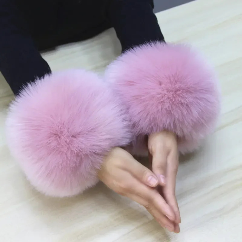 Womens Artificial Fur Cuffs Winter Warmth 2-piece Elastic Sleeve Jacket Wristband Gloves Fluffy Sleeves Purple Pink 241206