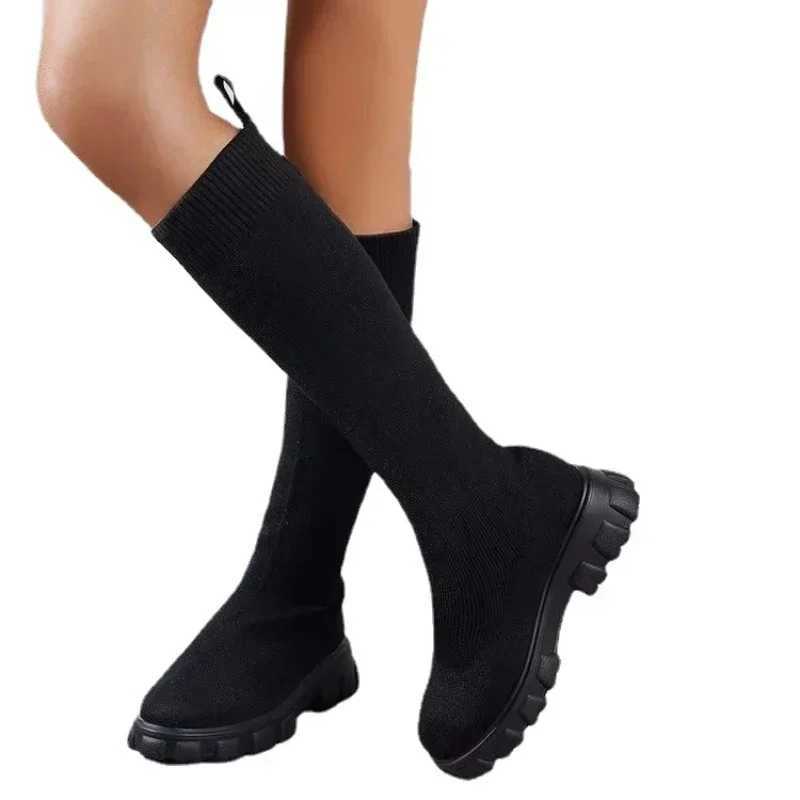 High Quality Thick soled knitted Lg boots suitable for Wenfei elastic socks shoes knee boots round toes low H Botas De Mujer T241206