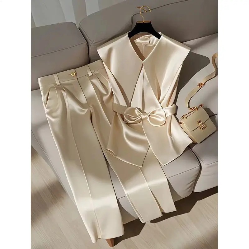 Fashion Satin Celebrity Outfits Elegant OL Peter Pan Collar Bow Sleeveless Vest High Waist Wide Leg Pants Two Piece Set 376P 241205