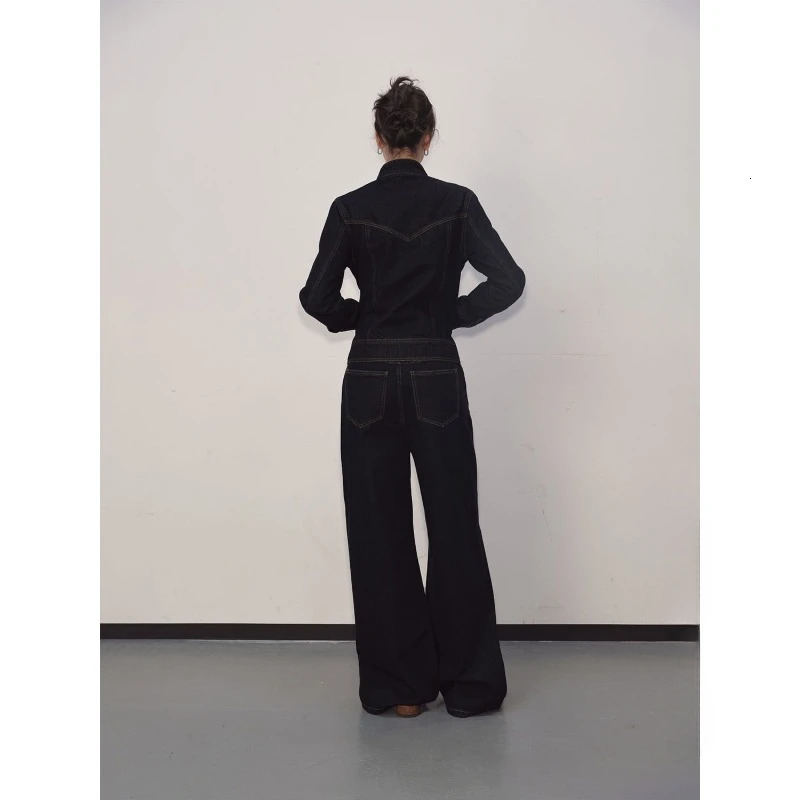 Denim pants set stand up collar solid street jacket wide leg straight gothic jeans retro simple twopiecesingle 241206