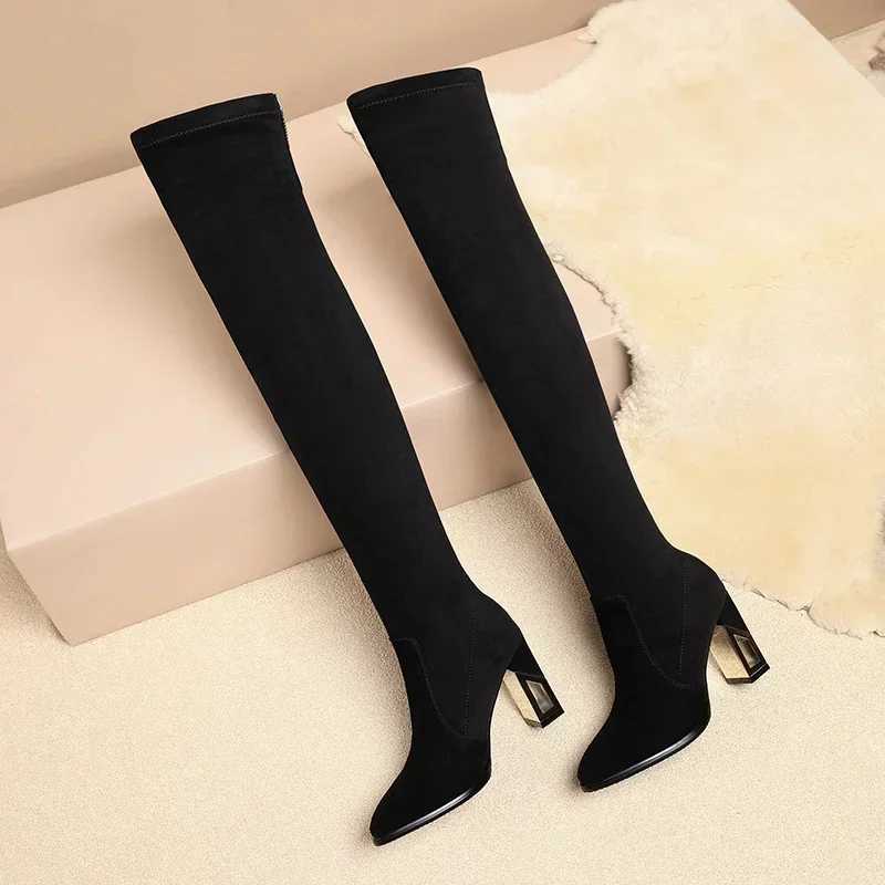 High Quality Sing Kid Suede Over The Knee Sock Boots Hot S Square High Heels Suitable for Pointed Toe High Heels T241206