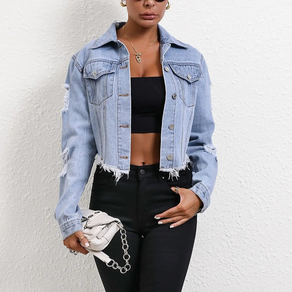 Open collar womens denim jacket single chest open solid streetwear pocket washed buttons 241206