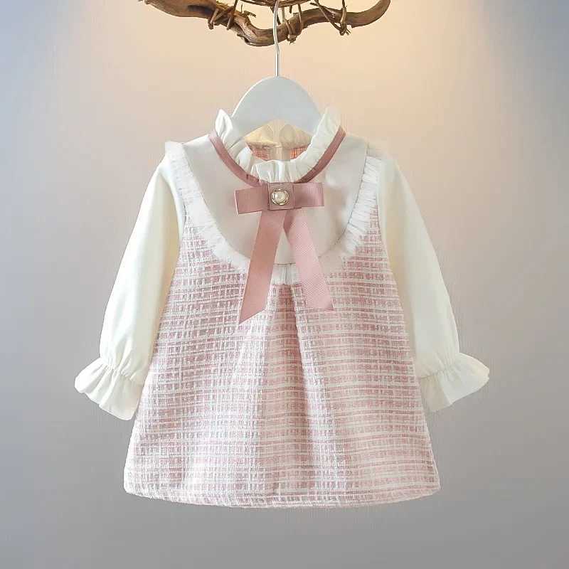 Baby Girl Autumn New Dress Bow Doll Collar Long Sleeved Princess Skirt Plaid Girls ClothingXJ241206