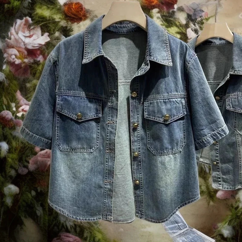 Womens short sleeved denim jacket 2024 loose casual thin top 241206