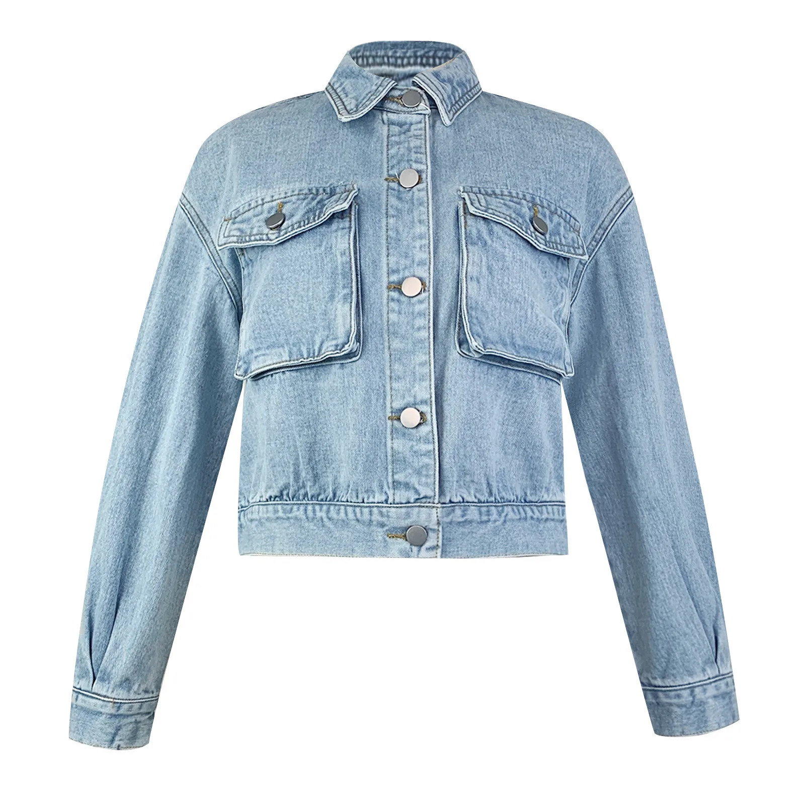 Womens short denim jacket long sleeved single chest shoulder pocket womens clothing crop top 241206