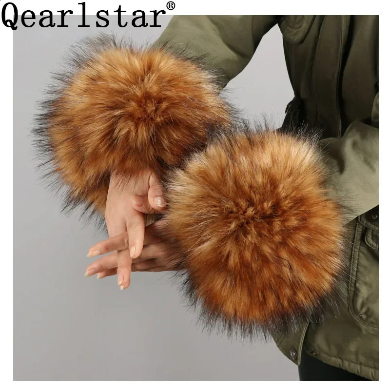 Qearlstar Womens Artificial Fox Fur Sleeve Wristband Winter Warm Arm Wristband Raccoon Fur Sleeve Glove Womens Elastic Sleeve 2 pieces 241206