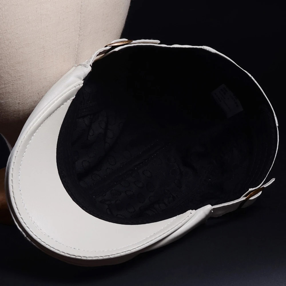 Leather Peaked Cap Mens Spring Single White/Red Thin Boina Unisex Casual True Soft Sheepskin Hat Mens Fashion Beret 241204