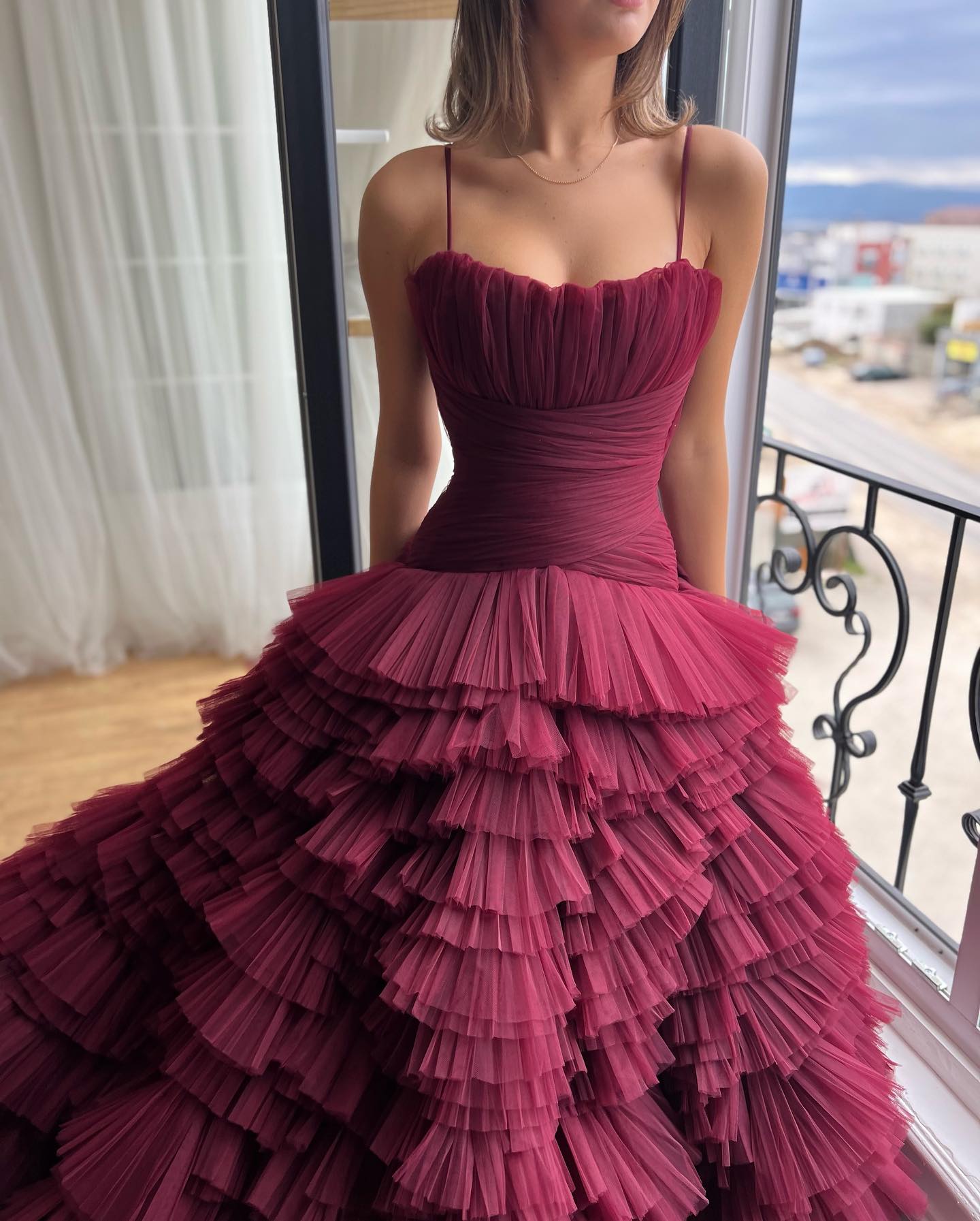 Red Dark Tiered Prom Dresses Pleated Evening Gowns A E Strapless Necke Tulle Special Ocn Formal Wear