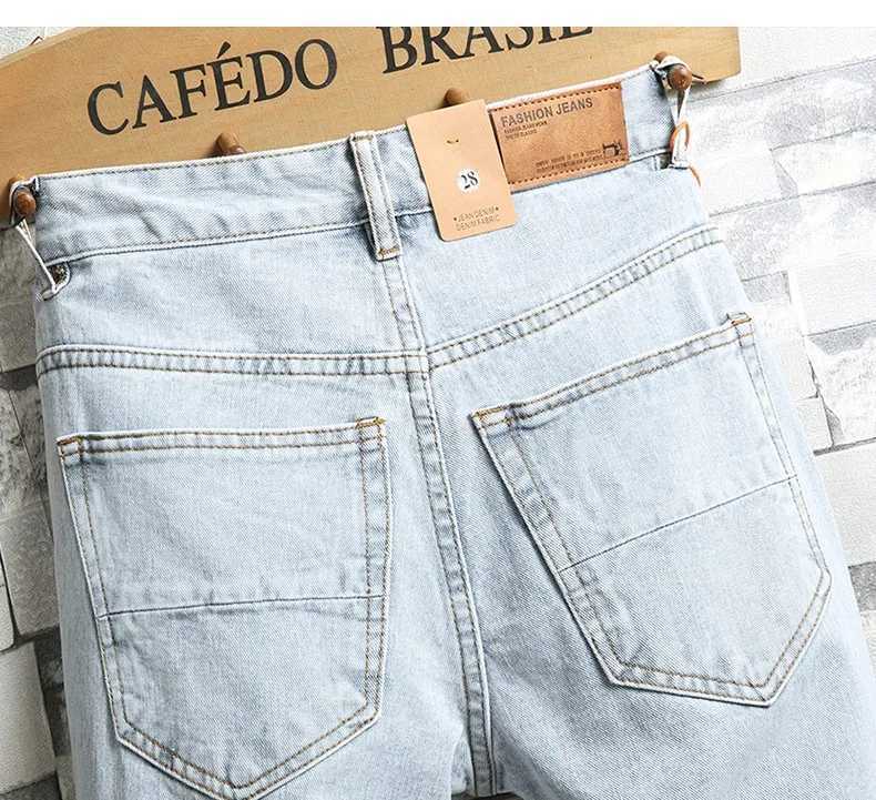New Summer Men Holes Denim Shorts Light Blue Short Jeans Good Quality Men Knee Length Jeans Shorts Large Size Straight JeansXJ241206