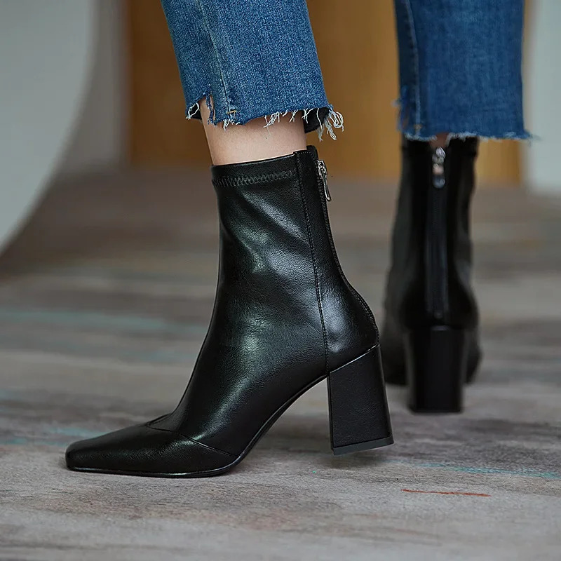 Women Vintage Ankle Boots Thick Heels Boot New Fashion Pointed Toe Zipper Winter Women's Shoes Leather Brown Short Booties