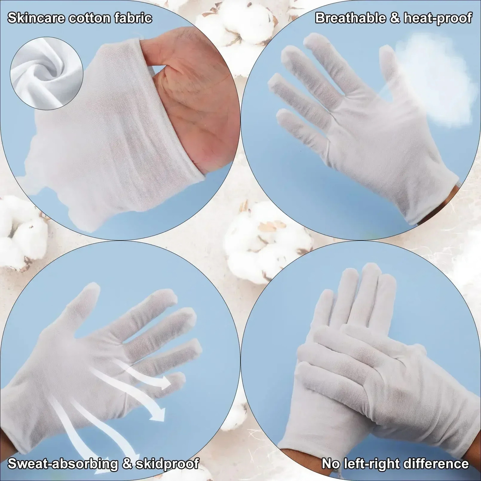 White soft cotton work gloves used for dry hand treatment film SPA gloves ceremonial high stretch gloves household cleaning tools 241206