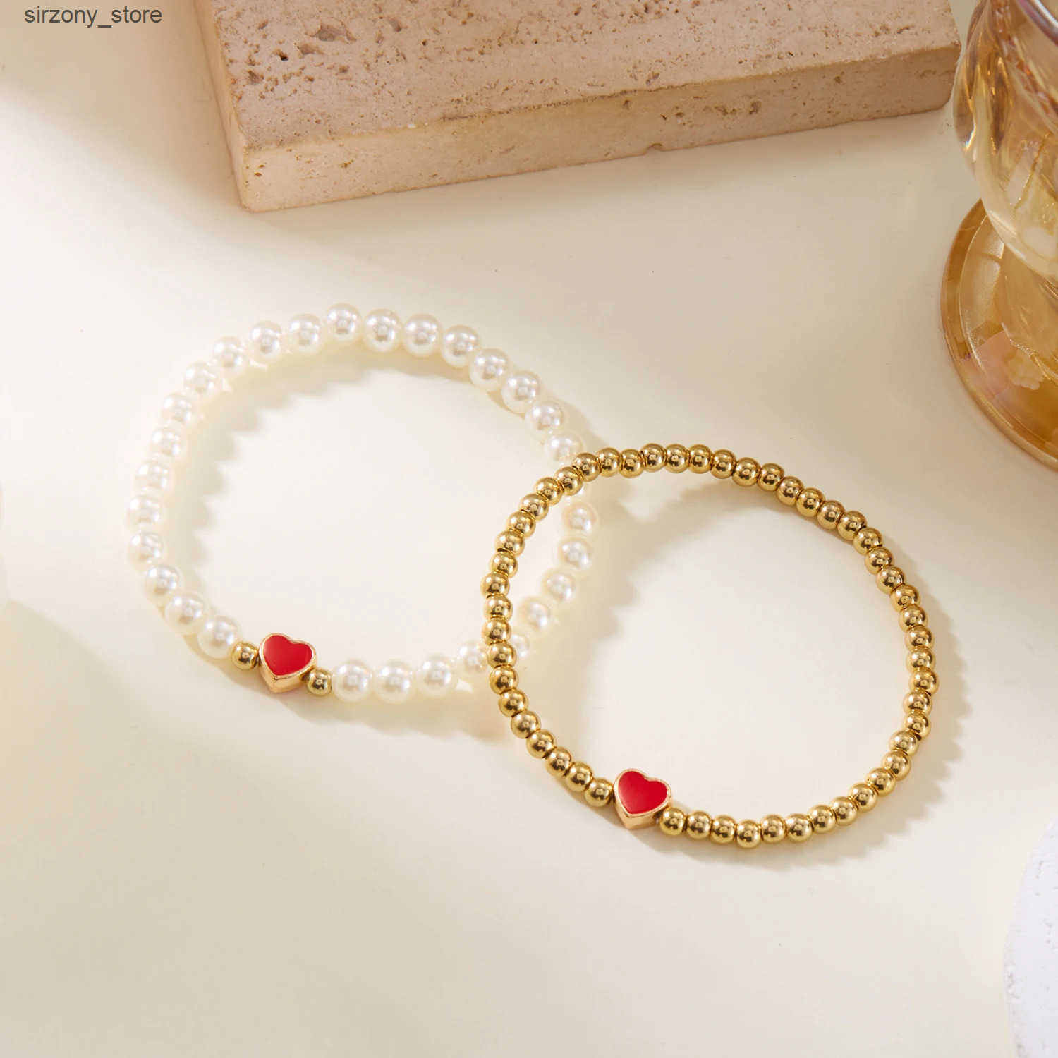 Beaded 2 PCS Simple Enamel Heart Simulated Pearl Beaded Bracelet for Women Girls Couple Lover Valentines Day Party Stretch Jewelry Set J241206