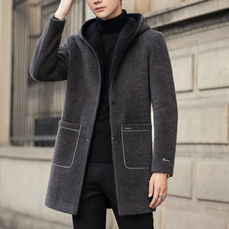 Winter Long Wool Blends Jacket Men Hooded Casual Business Trench Coat Social Streetwear Woolen Windbreaker Clothing 241205